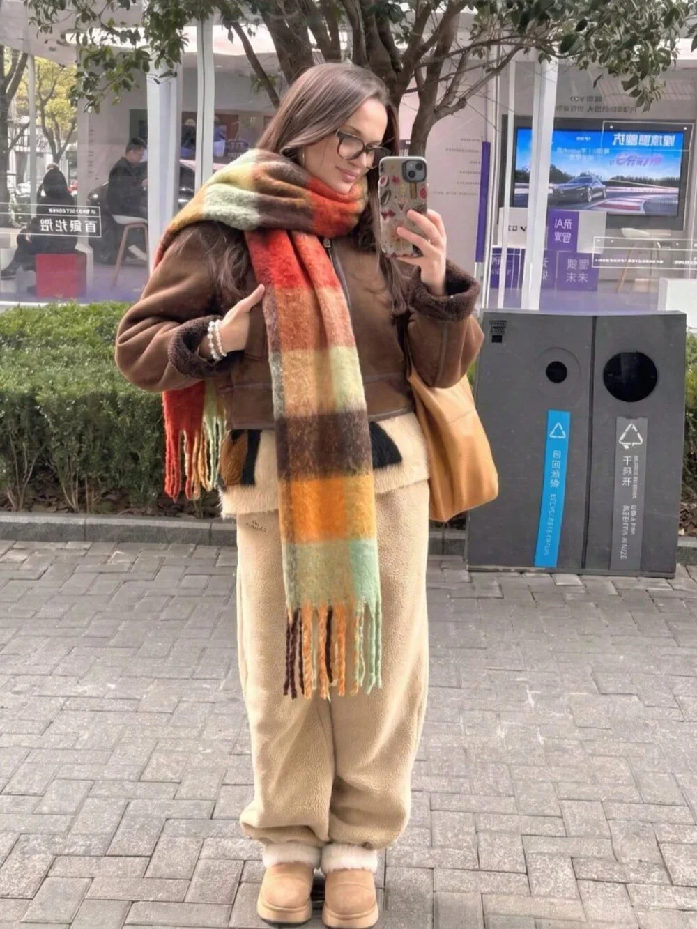 Cozy warm Casual Women's Classic Plaid Print Fluffy Tassel Scarf
